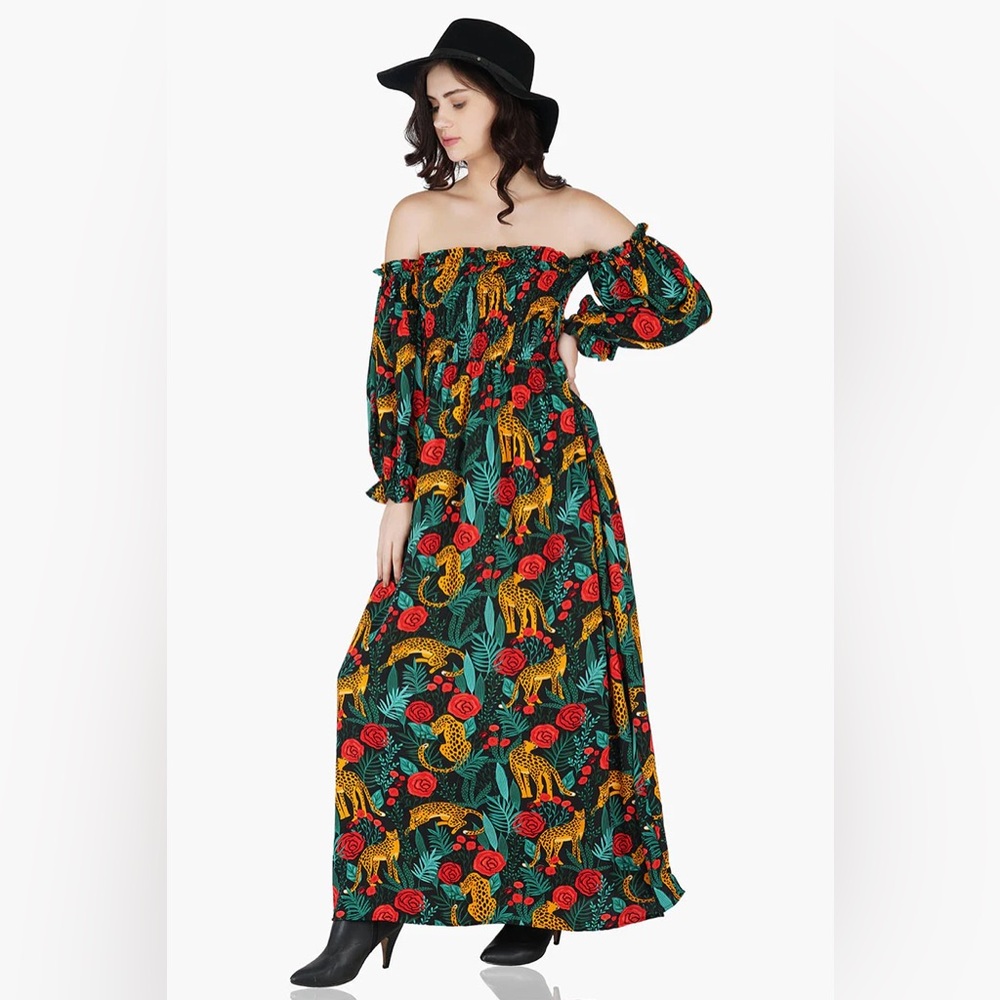 America and Beyond Jaguar Paradise Maxi Shirred Dress Vibrant Print Medium